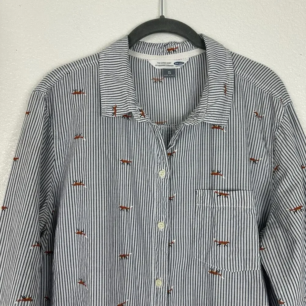 Old Navy The Classic Shirt Womens XL Blue White Striped Fox Print Preppy Top - Picture 4 of 12